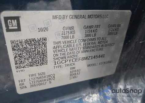 2021 Chevrolet Silverado 1500 4Wd Short Bed Custom Trail Boss z USA, uszkodzony, nr VIN 1GCPYCEF8MZ145441